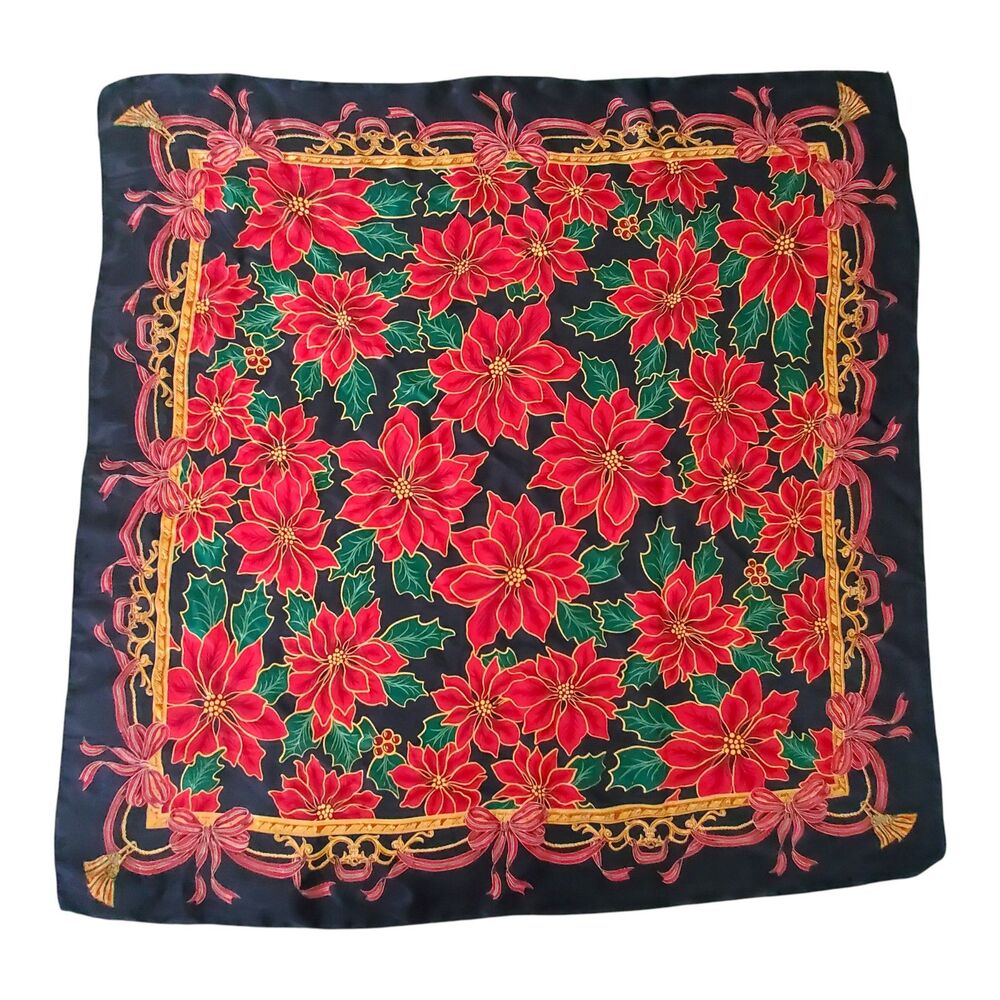 VNTG Silky Poinsettia Floral Christmas Scarf Elaine Gold 34 x 35 Old Money